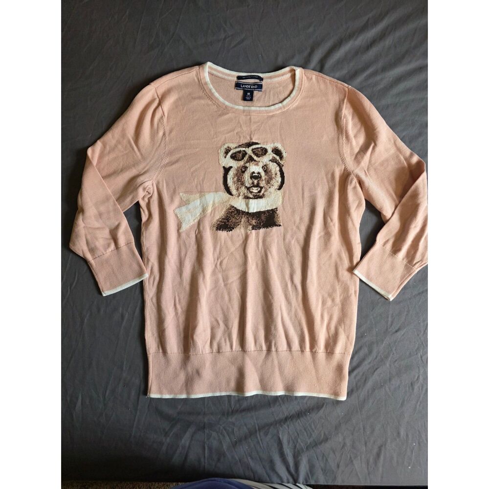 Lands' End Womens Supima Cotton Aviator Bear Graphic Sweater Pink Sz M10-12 NWOT